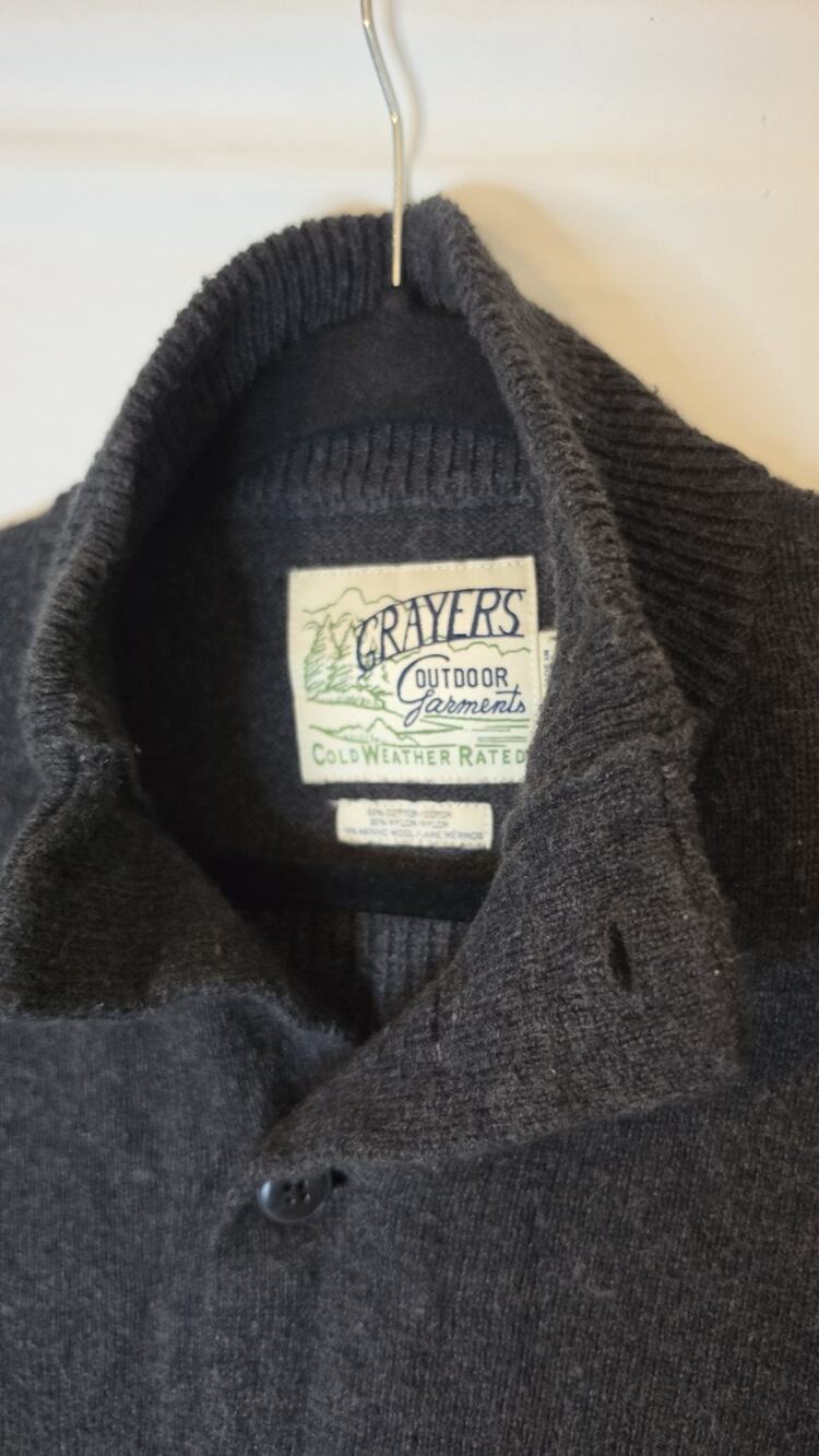 Grayers Outdoor Garments Collar Elbow Patches Gray Cardigan Sweater Size Small
